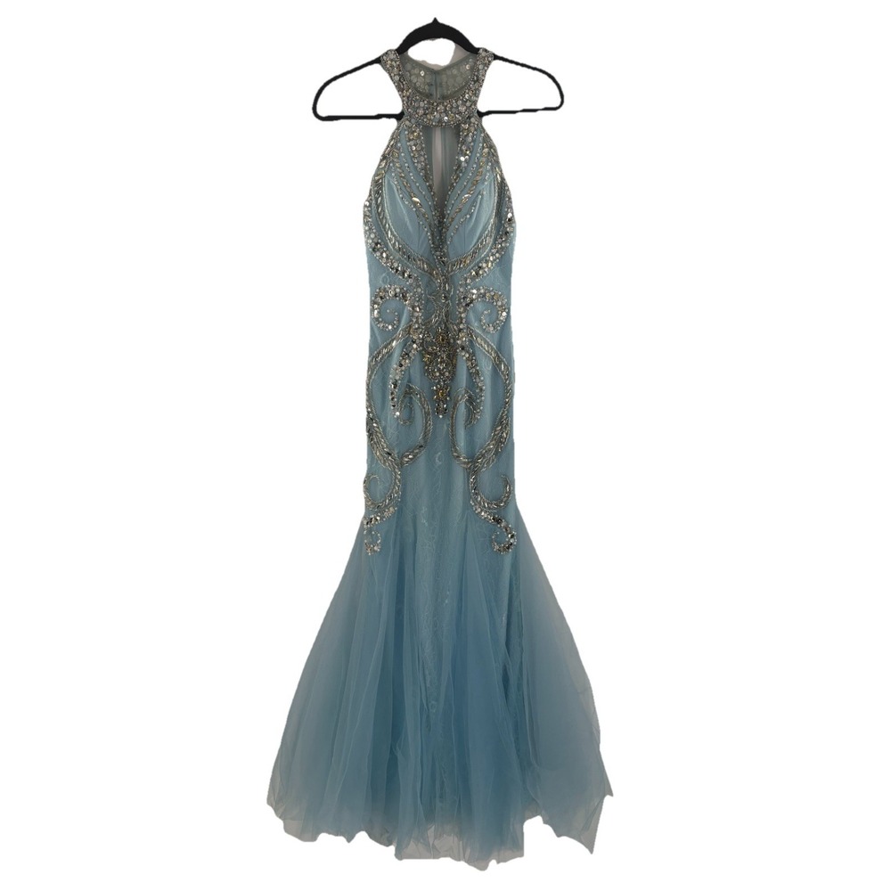 Camille La Vie Blue Tulle Halter Mermaid Dress Beaded Embroidered Floral Sz 0
